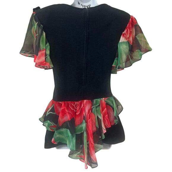 80’s Jon Wesley Floral Pattern Red Rose Blk Blouse Women’s 8 Dress Top - Picture 6 of 10